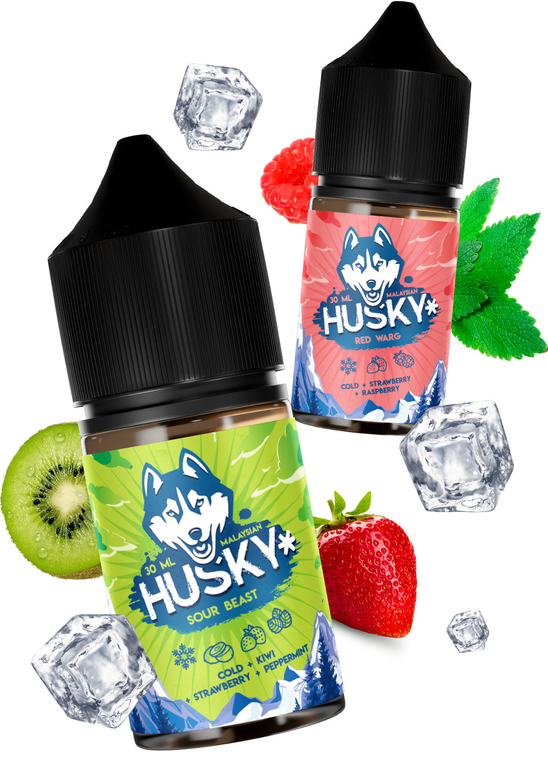 Botol liquid vape Husky dalam kemasan warna-warni cerah yang indah dikelilingi oleh buah-buahan dan es
