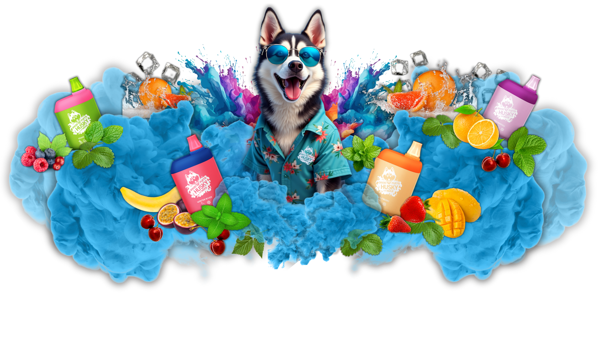 Seekor anjing husky duduk di asap berwarna dan di dalam asap tersebut terdapat perangkat vape sekali pakai dan buah-buahan