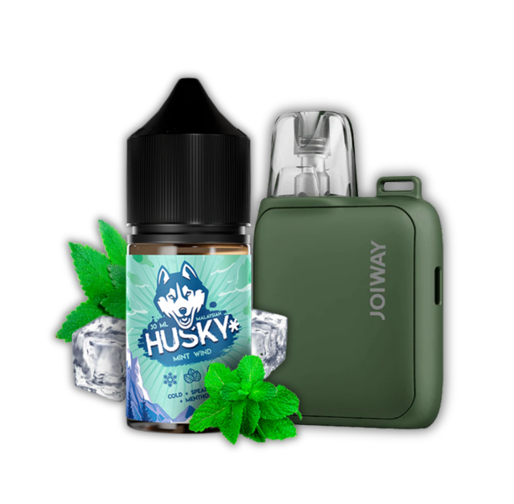 Husky Vape Liquid Bottle Surrounded by Ice Fruits and Joy Way Liquid Pod