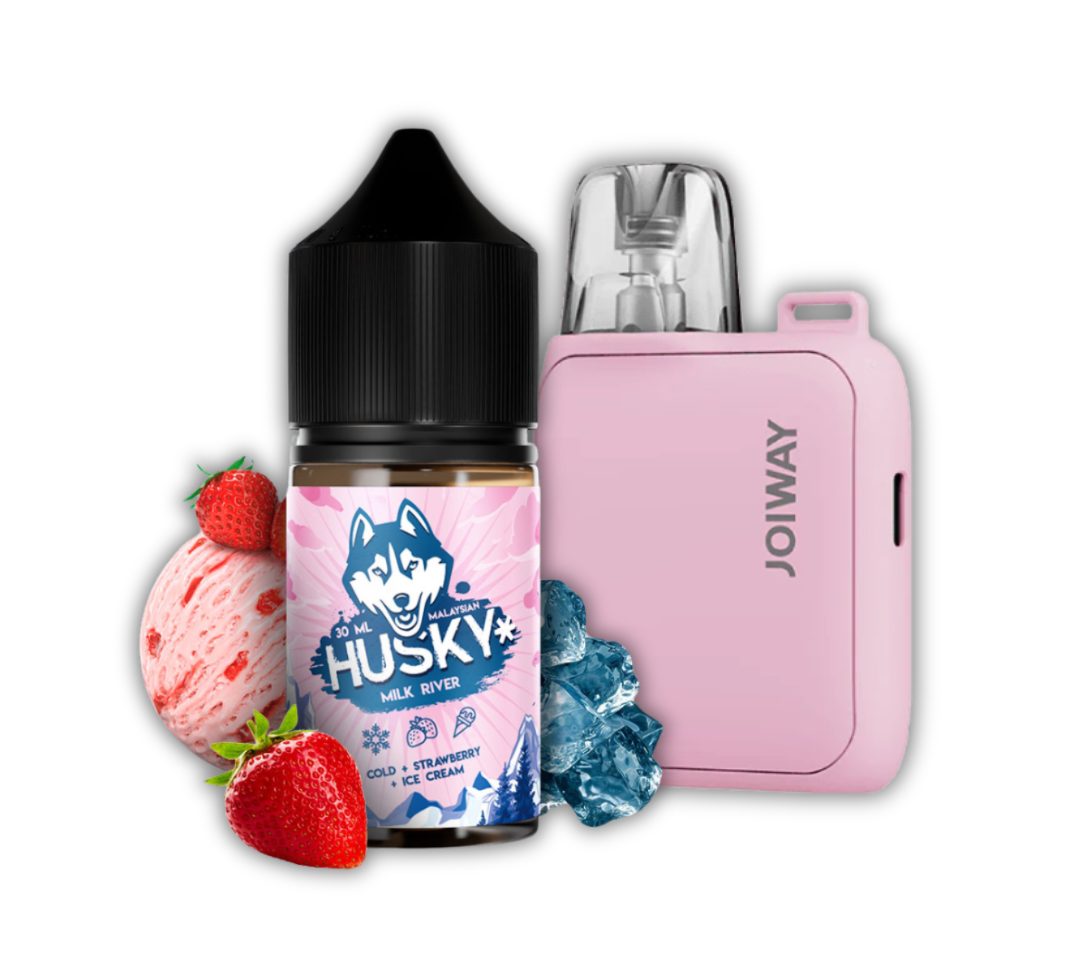 Husky Vape Liquid Bottle Surrounded by Ice Fruits and Joy Way Liquid Pod