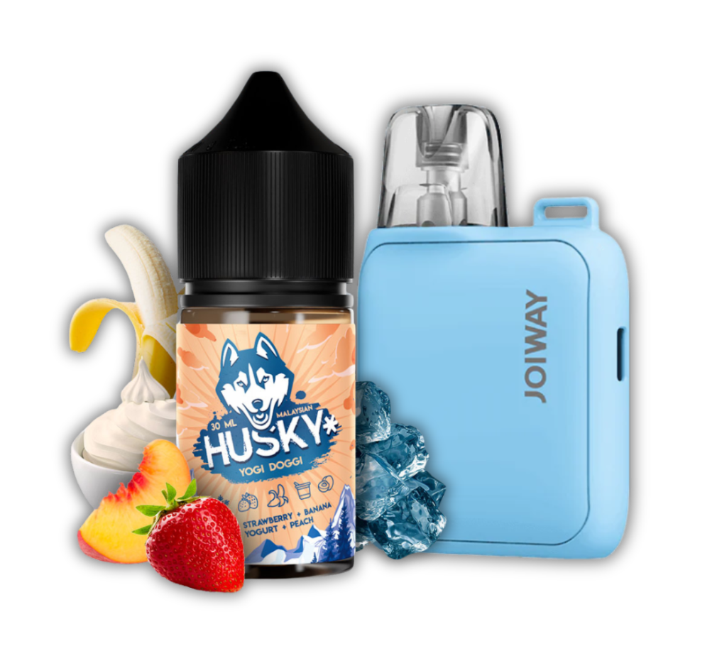 Husky Vape Liquid Bottle Surrounded by Ice Fruits and Joy Way Liquid Pod