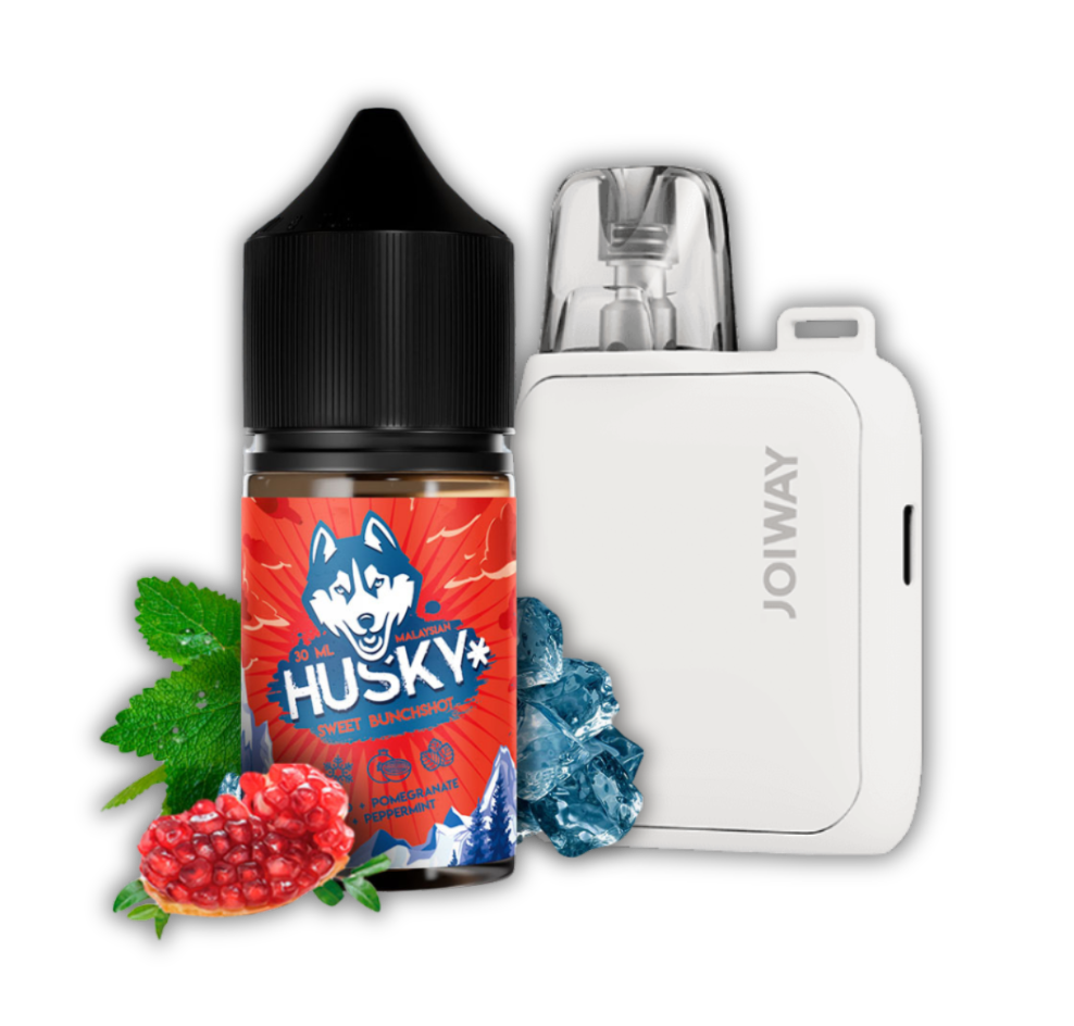 Husky Vape Liquid Bottle Surrounded by Ice Fruits and Joy Way Liquid Pod