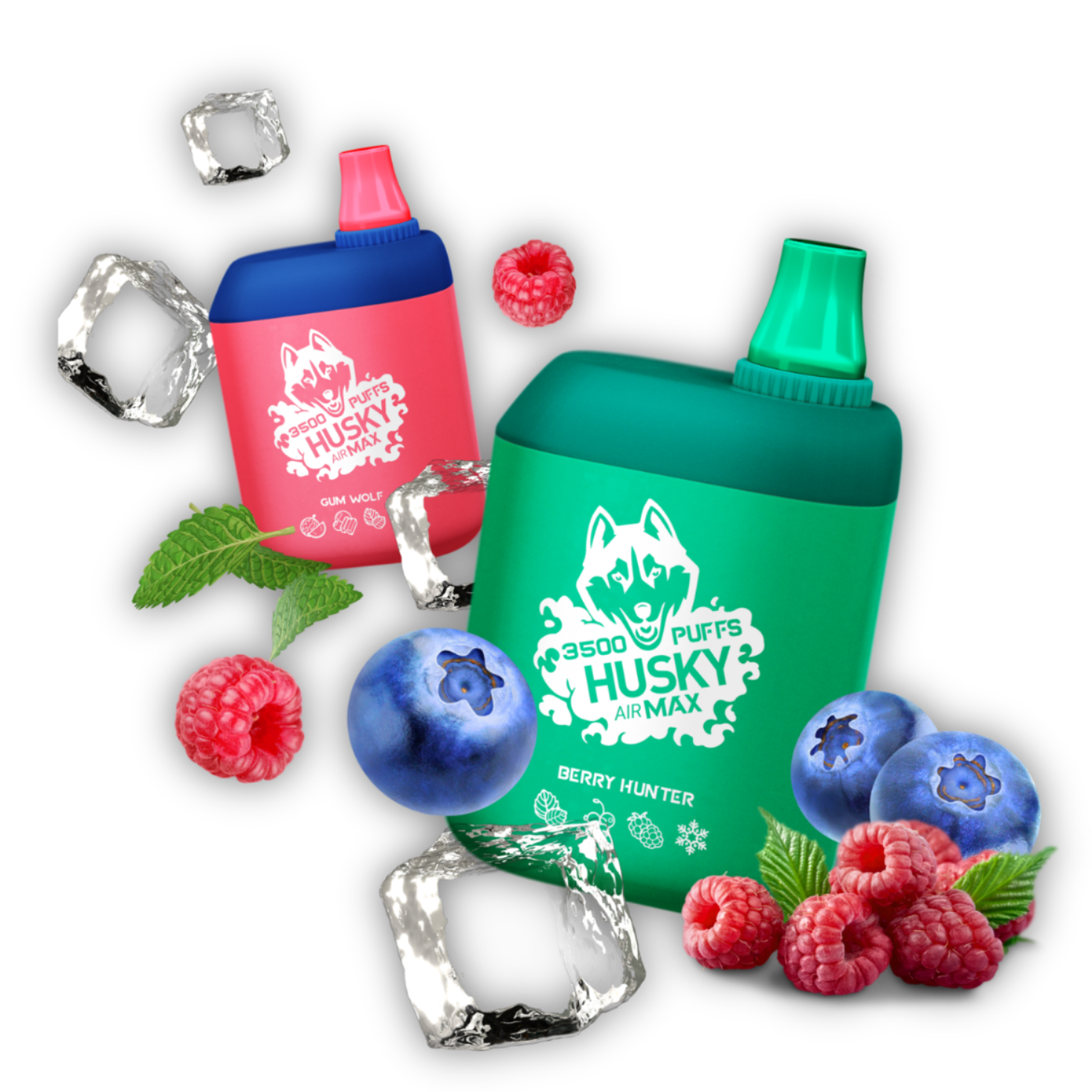 A bottle of liquid for vape husky in colorful bright beautiful packaging surrounded by fruits and ice